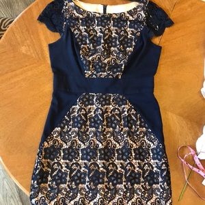 Navy/nude lace cocktail dress